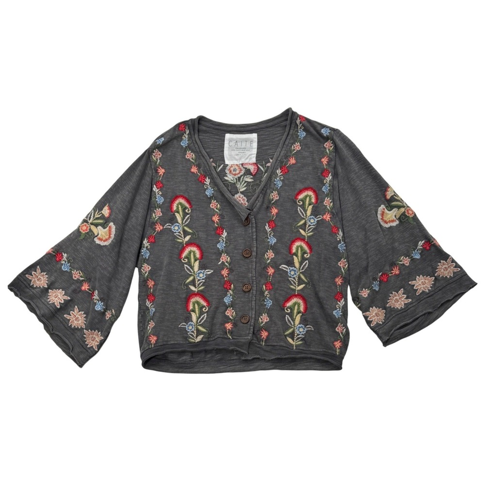 Caite Womens Floral Embroidered Button Up Top SM Gray Oversized Boxy Artisan